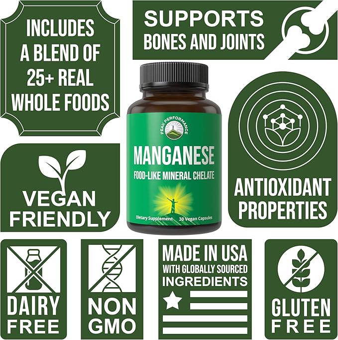 Manganese Supplement Food Like Mineral Chelated for Superior Absorption with Whole Food Blend of 25+ Fruits & Vegetables. Pure Trace Mineral Capsules for Connective Tissue, Bone Health, Enzyme Support