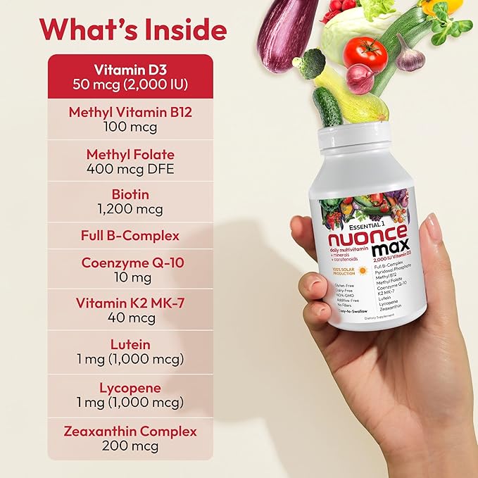 ANDREW LESSMAN Essential-1 Multivitamin 2000 IU Vitamin D3 30 Small Capsules - 100 mcg Methyl B12. CoQ10 Lutein Lycopene Zeaxanthin. High Potency. No Additives. Ultra-Mild. One Daily Capsule