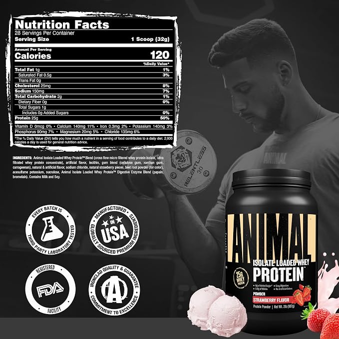Animal Whey Isolate Protein Powder - Loaded for Pre & Post Workout Muscle Builder and Recovery with Digestive Enzymes for Men & Women - 25g Protein, Great Taste, Low Sugar - Strawberry 2 lbs
