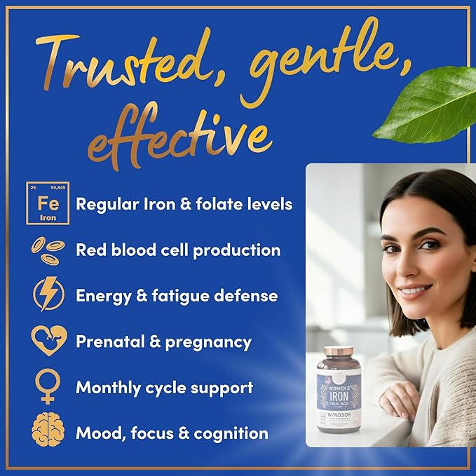 Iron and Folic Acid Supplements for Women - 35mg Gentle Iron Vitamin, Folic Acid 400mcg - Anemia, Period, Pregnancy Support Supplement, Ferrous Sulfate Pills - 60 Vegan Non-Constipating Tablets