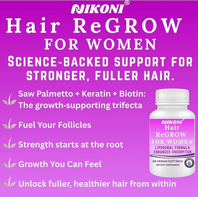 Nikoni Hair ReGROW Women’s Liposomal Formula – Biotin, Keratin, Saw Palmetto & Botanical Essentials-60 Vegan Softgels
