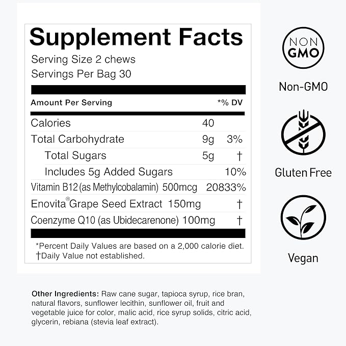 Humann SuperGrapes Chews Supplement – 100mg CoQ10 and Grape Seed Extract – from The Makers of SuperBeets - Grape Flavor, 60 Count