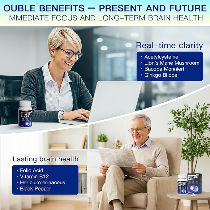 VEX Brain Supplements for Memory and Focus Contain Vitamin B12 folic Acid acetylcysteine Purslane Lion's Mane Mushroom and Ginkgo biloba extracts—for Brain Health 60 Capsules