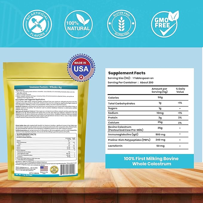 BodyBoost Colostrum Whole, 100% Bovine Colostrum Powder, Immune Booster Supplement with Immunoglobulin & Lactoferrin,Grass Fed Colostrum, Gut Health & Muscle Growth, Diverse Intake, 1 kg, 35 oz