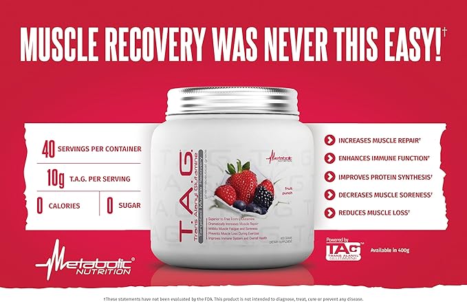 Metabolic Nutrition, TAG, Trans Alanyl Glutamine, 100% L-Glutamine Peptide Powder, Pre Intra Post Workout Supplement, 400 Grams (40 Servings) (Green Apple)