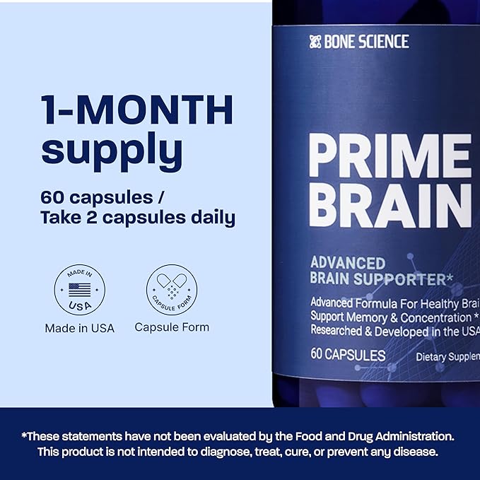 BONE SCIENCE Prime Brain – Memory & Focus Support Supplement with Alpha GPC, Phosphatidylserine & Ginkgo Biloba, Non-Stimulant Cognitive Health Formula for Adults & Teens, 60 Capsules