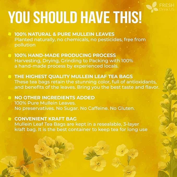 FreshDrinkUS, Premium 80 Mullein Leaf Tea Bags – 100% Natural, Pure, & Caffeine-Free Herbal Tea for Lung – Loose Leaf, No Sugar, Vegan, Gluten-Free, Made with Natural Material Tea Bags