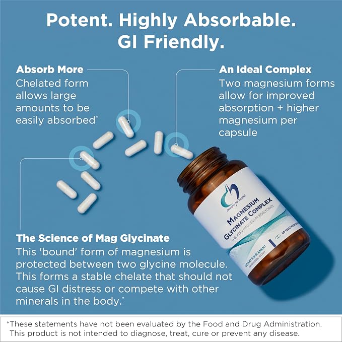 Designs for Health Magnesium Glycinate Complex - Chelated Magnesium Bisglycinate + High Absorption Magnesium for Calming & Sleep, Heart Health, Immune Support & Bone Strength - Vegan (120 Capsules)
