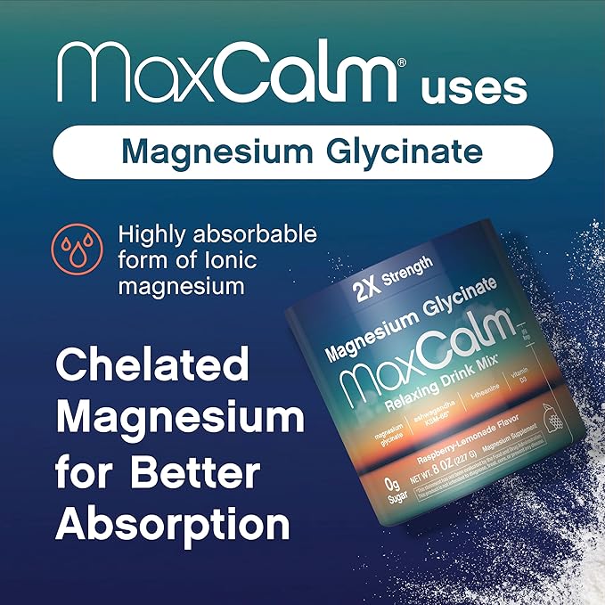 Relaxing Drink Mix | Raspberry-Lemonade Flavor | Magnesium Glycinate, KSM-66 Ashwagandha, L-Theanine & Vitamin D3 | MaxCalm | Gluten-Free, Vegan | 8 Ounce Powder
