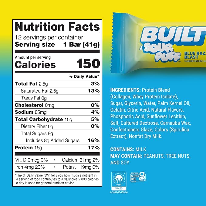 BUILT Sour Puff Protein Bar, Blue Razz Blast, 16g Protein - 12 Count | Sour Gummy, Candy-like Protein Snack Bar with Collagen, Calorie Conscious, Gluten Free