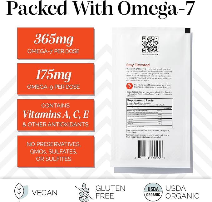 sibu Sea Buckthorn Omega-7 Softgels (60-Day Refill Sachet) – Supplement for Healthy Skin, Hair, Nails and Dryness