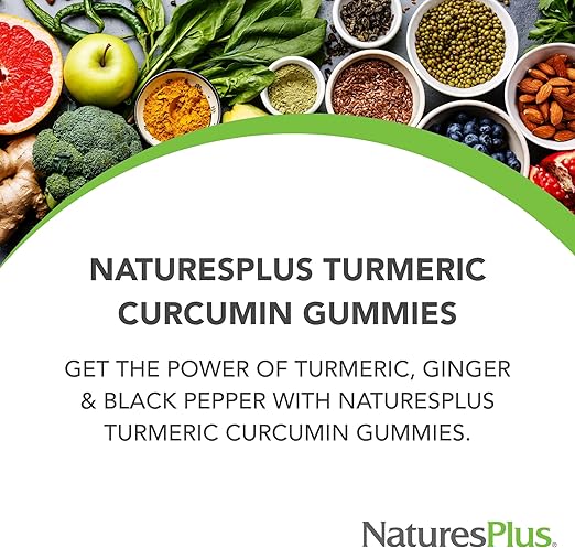 NaturesPlus Gummies Turmeric Curcumin - 60 Gummies, Peach - Supports Joint, Digestive & Cardiovascular Health - Vegan, Gluten Free, Non-GMO - 30 Servings
