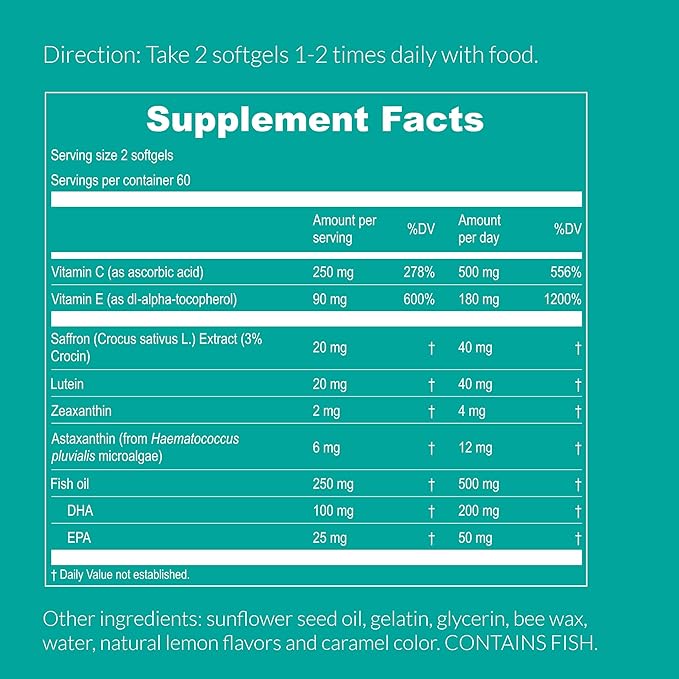 UpNourish AREDS 2 Plus Eye Vitamin Supplement, AREDS 2 Zinc Free Formula with Lutein, Zeaxanthin, Saffron, Astaxanthin & DHA - 120 softgels