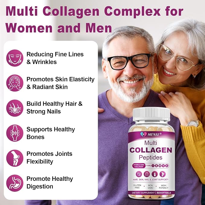 Multi Collagen Peptides Softgel for Women & Men - Type I, II, III, V, X - Hydrolyzed Collagen Peptides with Biotin, Vitamin C & Hyaluronic Acid - Support Skin Hair Nail & Joint - Non GMO, 240 Softgel
