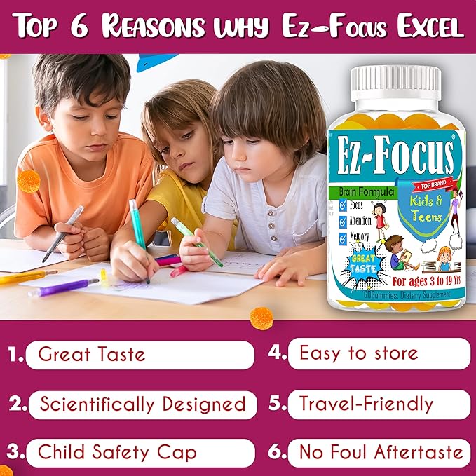 Ez-Focus Gummies for Kids, Teens and Youth – Brain Focus, Memory & Attention Support, DHA & Omega-3 for Kids, Concentration and Focus Supplement, Calm and Study Brain Vitamins 60 ct