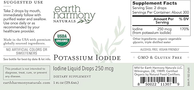 USDA Organic Potassium Iodide 250 mcg Liquid Supplement (6 Month Supply) – 0.253% Elemental Iodine – Dietary Iodine Support – Vegan, Gluten-Free (1 Oz)