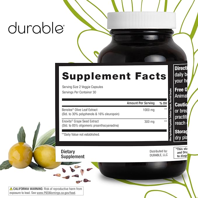 Durable Blood Pressure – Benolea Olive Leaf & Enovita Grape Seed Extract – Healthy Circulation, Nitric Oxide & Artery Support – Doctor Formulated, Vegan, Non-GMO, Made in USA (180 Capsules)