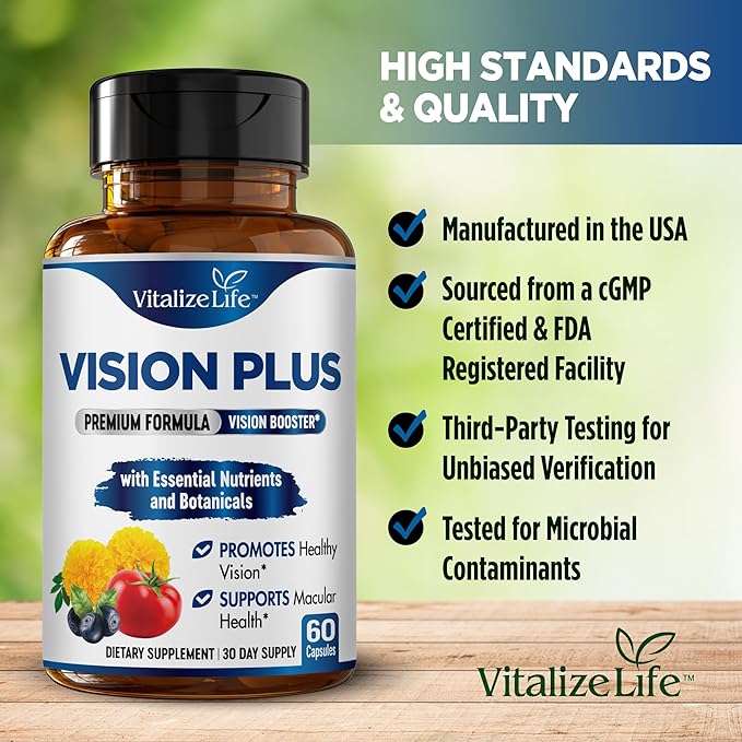 Vision Plus Complete Eye Supplements for Adults – Eye Vitamins for Seniors with Lutein, Bilberry, and Zeaxanthin – Eye Vitamin and Mineral Supplement for Clarity and Sight Care – 60 Capsules