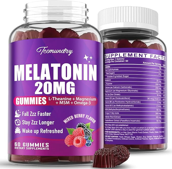 Melatonin Gummies 20mg for Adults - Maximum Strength Melatonin Gummies with L-Theanine, Omega-3, D3 & Zinc - Non-Habit Forming, Vegan, Non GMO, Natural Mixed Berry Flavor