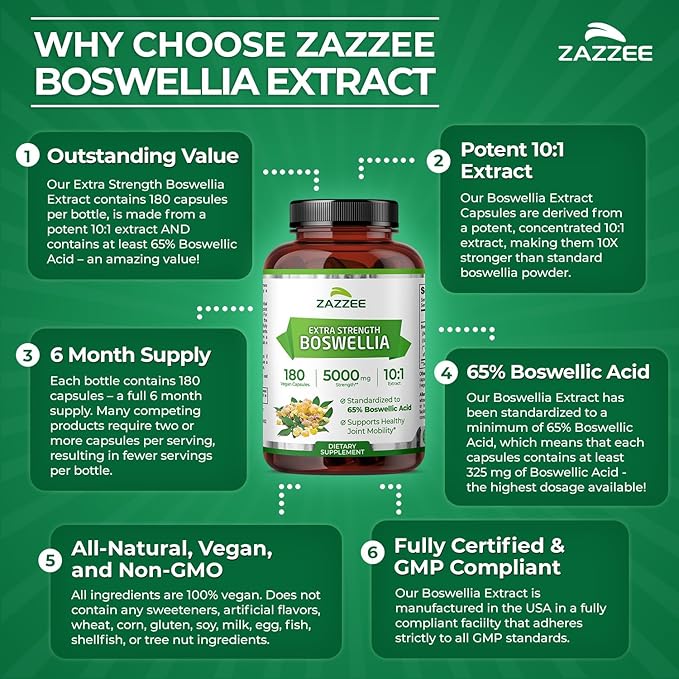 Zazzee Extra Strength Boswellia 10:1 Extract, 65% Boswellic Acid, 180 Vegan Capsules, 6 Month Supply, Boswellia Serrata, Joint Comfort, Mobility & Flexibility Support, Non-GMO, Made in the USA