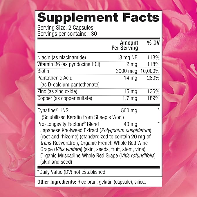 Reserveage Beauty Keratin Hair Booster with Biotin & Resveratrol - Hair & Nail Growth Supplement for Women - Supports Healthy Thickness & Shine with Biotin - 60 Capsules (30 Servings)
