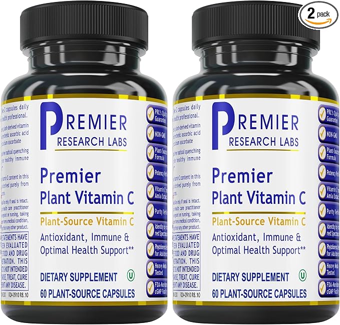 Premier Research Labs Vitamin C Supplement - Natural Vitamin C, Whole Food Vitamin C, Essential C Complex, Pure with Bioflavonoids & Organic Ingredients - 60 Vegetarian Capsules (Pack of 2)