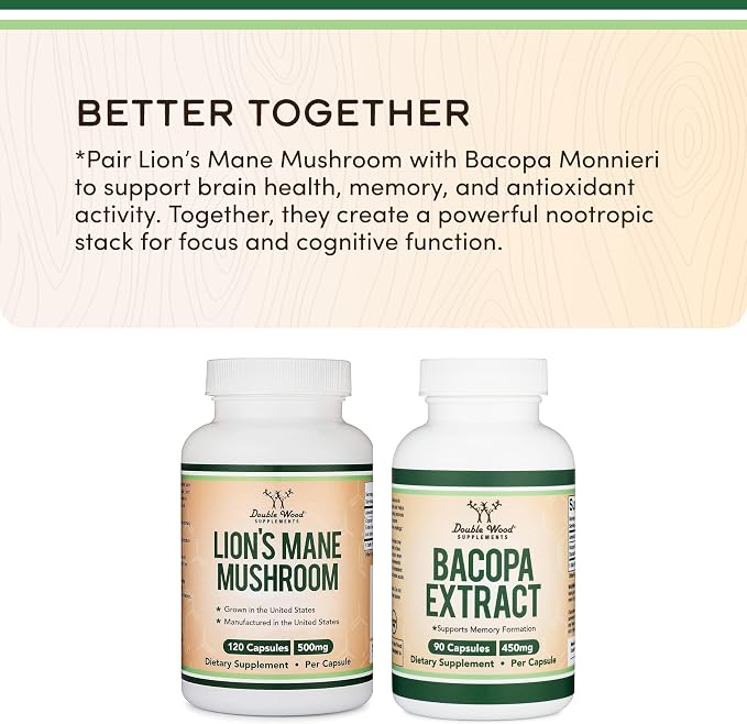 Organic Lions Mane Mushroom Capsules (120 Count), for Focus Support and Immune Health, Third Party Tested and Grown in The USA - by Double Wood