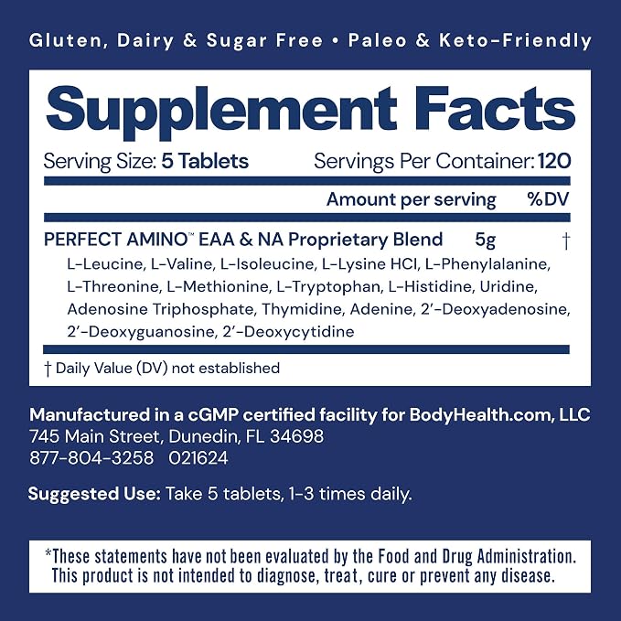 BodyHealth PerfectAmino, Essential Amino Acid with BCAAs + Lysine, Phenylalanine, Threonine, Methionine, Tryptophan, Supplement for Muscle Mass Production, Recovery & Strength (600 ct)