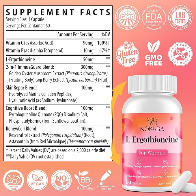 L-Ergothioneine with Collagen Peptides, Hyaluronic Acid | 2X Antioxidant of Glutathione | 11-in-1 Mushrooms Supplement for Women | Skin, Brain, Immune, Cognitive Support | 120 Capsules