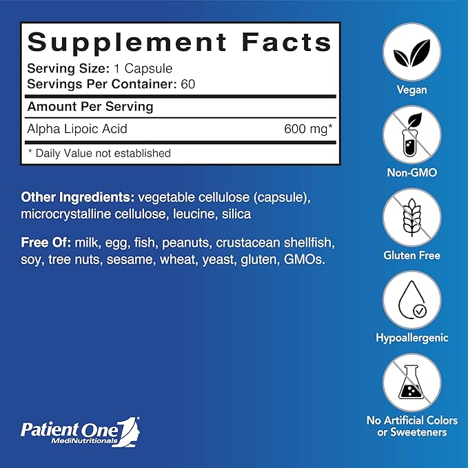 Patient One Alpha Lipoic Acid (ALA) 600 mg | Antioxidant Supplement to Support Nerve and Liver Health* | 60 Capsules