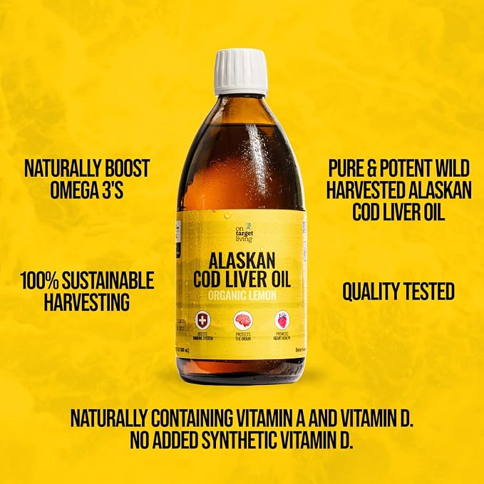 On Target Living Alaskan Cod Liver Oil Liquid | Organic Lemon Flavor 16.67 oz | Line Caught in The USA | Naturally Occurring Vitamin D | Rich in Omega 3 DHA/EPA | Non-GMO Project Certified