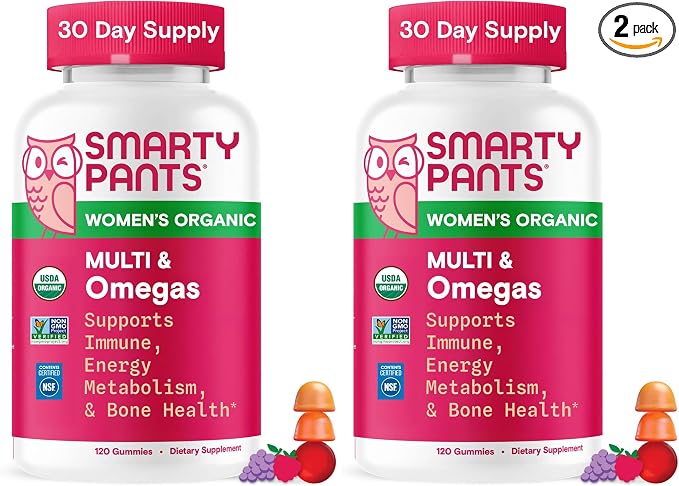 SmartyPants Organic Women's Multivitamin Gummies: Biotin, Methylfolate, Omega 3 (ALA), Vitamin D3,C,B12,B6,A,K & Zinc, Inositol, Gluten Free, Vegetarian, 120 Count (30 Day Supply)(Pack of 2)