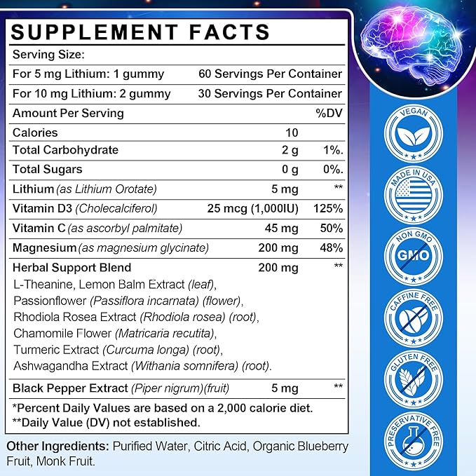 12-in-1 Lithium Orotate 5mg 10mg with Ashwagandha & L-Theanine, Lithium Orotate for Mood, Calm, Cognitive & Brain, High Bioavailability Trace Mineral, Lemon Balm, Magnesium Glycinate, 2 Pack
