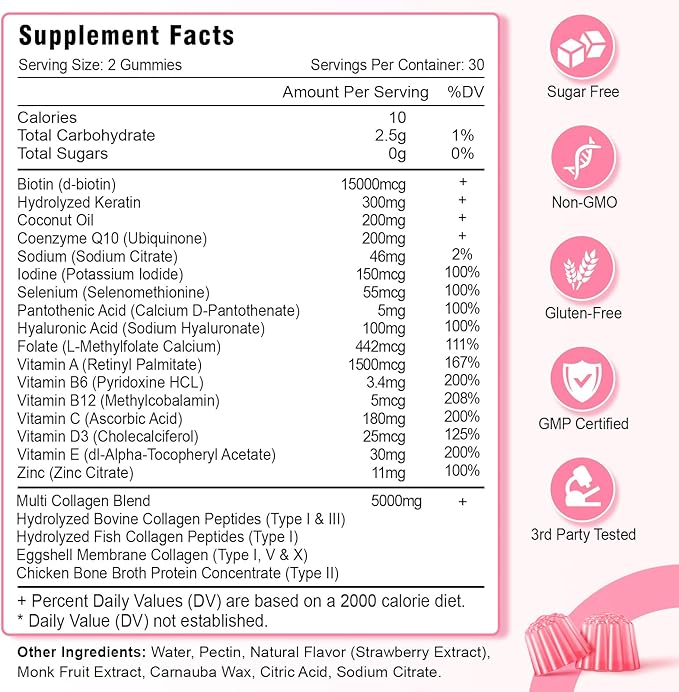 Collagen Gummies for Women Men, Hydrolyzed Collagen Peptide Type I,II,III,V,X with Biotin, Vitamin C A B D E for Skin Hair Nails J0ints, Immunity Energy Digestion, Sugar Free, 60 Count