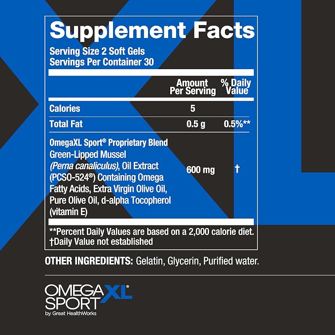 OmegaXL Sport Extra Strength Muscle Recovery Supplement and Respiratory Support Supplement - Improves DOMS and ROM, Clinically Supported Green-Lipped Mussel Oil (60 Softgels)