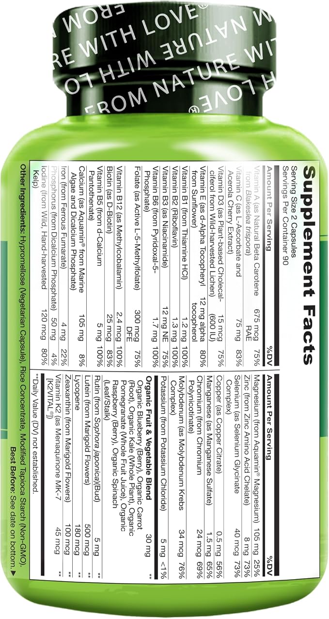 NATURELO Multivitamins for Teenage Girls/Boys, 180 Capsules, Whole Food Multivitamin with Minerals, Non-GMO, Vegetarian