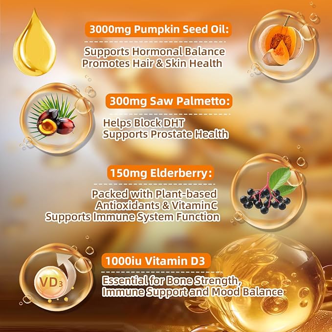 Pumpkin Seed Oil with Saw Palmetto, Vitamin D3 & Elderberry-300 Capsules, Pure Virgin Oil, Essential Fatty Acids & Phytosterols-Supports Prostate Function, Hair Health & Urinary Comfort