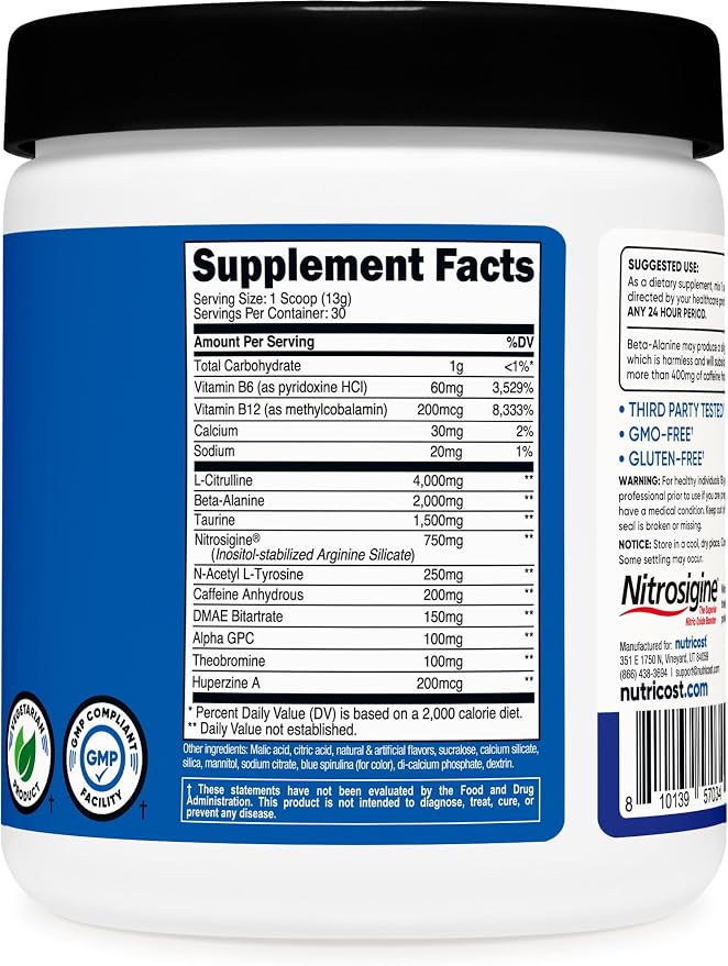 Nutricost Pre-Workout Complex Powder (30 Servings, Blue Raspberry) - Pre-Workout Supplement with Beta-Alanine, Taurine & Amino Acids