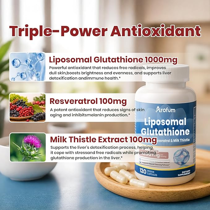 Liposomal Glutathione 1000mg, with Resveratrol & Milk Thistle | High Absorption Reduced Glutathione liposomal Supplement | 120 Vegan Capsules for Skin Health, Immune & Liver Support