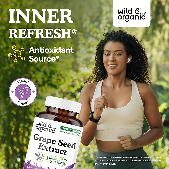 Wild & Organic Grape Seed Extract Capsules - Antioxidant Support - Grapeseed Extract 400 mg - 95% Polyphenols - 120 Vegan Capsules - 4 Month Supply - Non-GMO