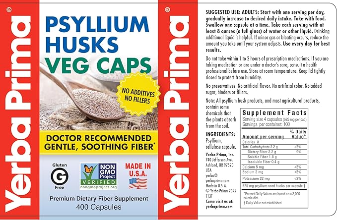 Yerba Prima Psyllium Husks Veg Caps, 400 Capsules (625mg) (Pack of 2) - Vegan, Non-GMO, Gluten Free, Colon Cleanser, Daily Fiber Supplement for Gut Health & Regularity