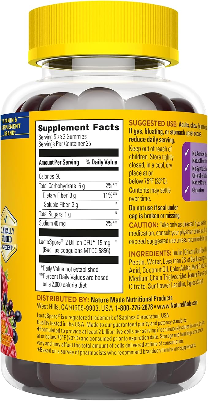 Nature Made Probiotic + Prebiotic Fiber Gummies for Daily Gut Health, Fiber Supplement with Probiotics for Digestive Health Support, 50 Gummies, 25 Day Supply