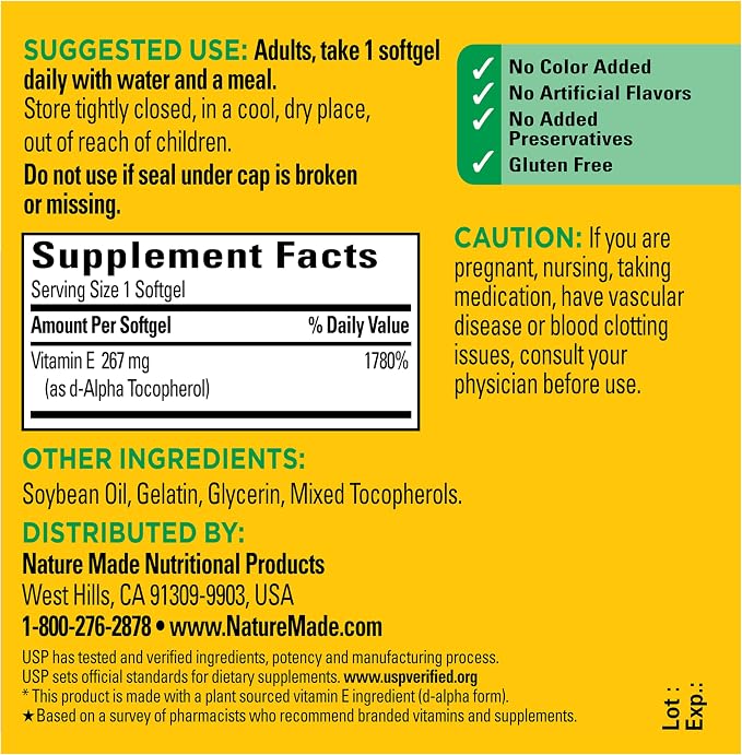 Nature Made Vitamin E 400 IU Softgels 267 mg d-Alpha, Dietary Supplement for Antioxidant and Skin Support, 100 Softgels, 100 Day Supply