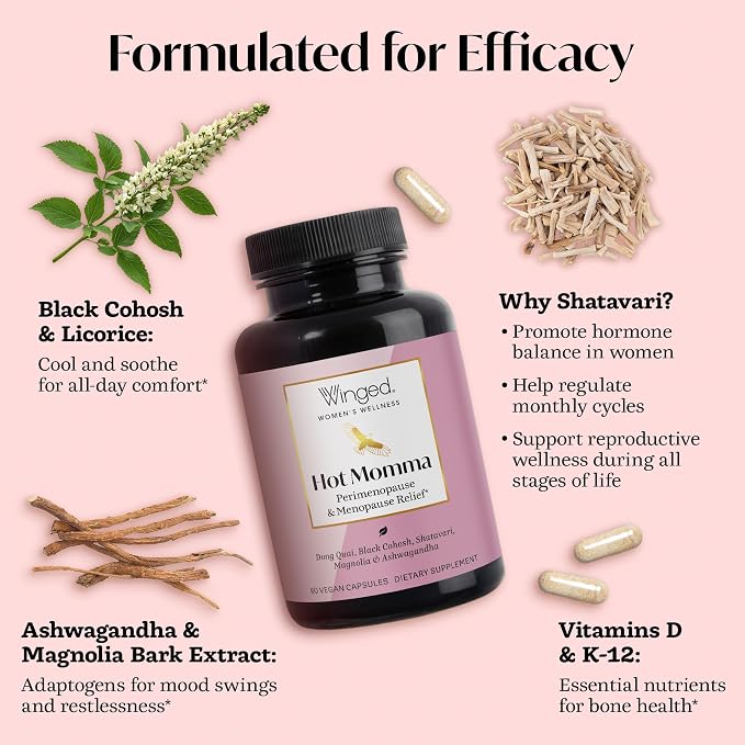 Winged Wellness Hot Momma Menopause Supplements for Women - Hormone-Free Menopause Relief Support for Hot Flashes & Night Sweats with Chaste Tree Berry, Multivitamins & Shatavari - 60 Vegan Capsules
