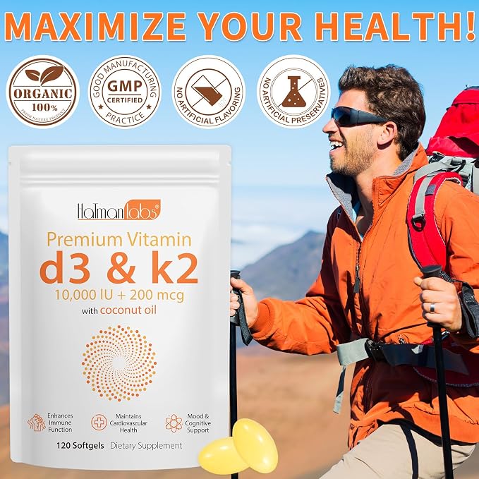 Vitamin D3 K2 Supplement Softgel, Vitamin D3 K2 Softgel with 10000 IU Supports Immune, Heart, Teeth & Bone Health, Free of GMO, Gluten, Soy, 120 Softgels