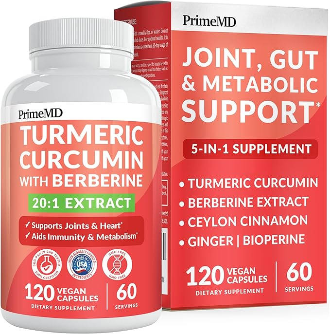 5-in-1 Organic Turmeric Curcumin Supplement (4210mg) with Berberine, Ceylon Cinnamon Bioperine and Ginger Supplements for Joint, Heart, Gut, & Metabolic Support (60 Servings)