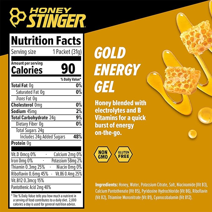 Honey Stinger Gold Energy Gel, Gluten Free & Caffeine Free, for Exercise, Running and Performance, Sports Nutrition for Home & Gym, Pre and Mid Workout, 12 Pack, 13.2 Ounce