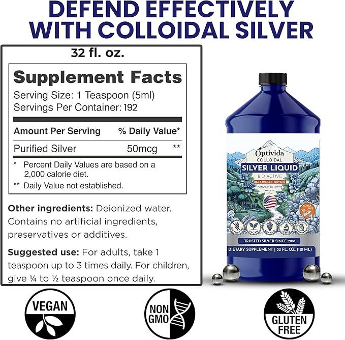 Optivida Colloidal Silver Liquid - 10 PPM Liquid Silver Immune Support, Pure Nano Silver Hydrosol Liquid for Family Wellness - Natural Silver Water for Adults & Kids, Non-GMO, 3rd Party Tested - 32 Oz