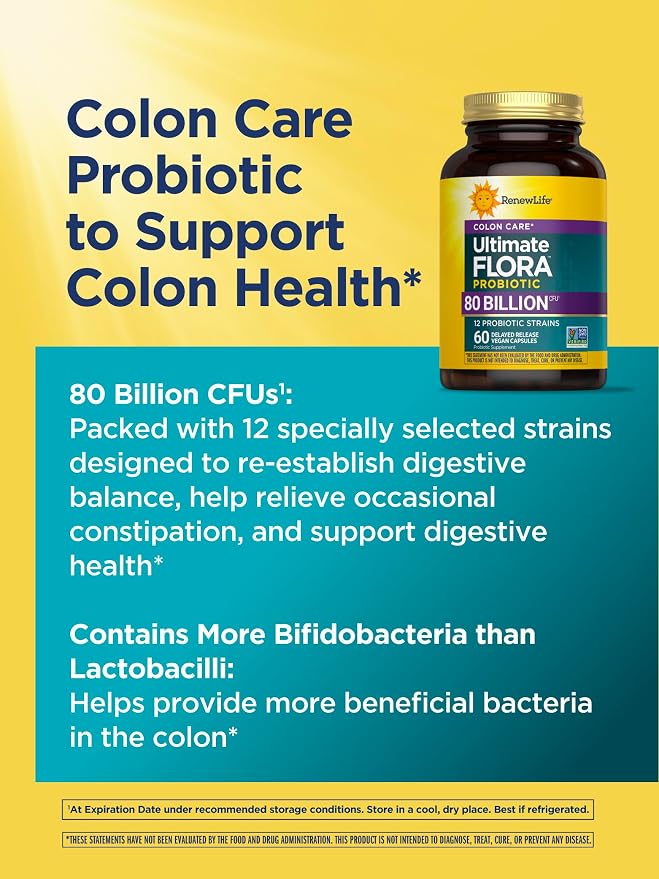Renew Life Probiotic Colon Care Probiotic Capsules, Daily Supplement Offers Colon Support, L. Rhamnosus GG, Dairy, Soy and gluten-free, 80 Billion CFU, 60 Count