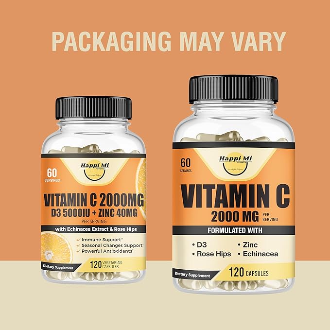 Vitamin C 2000mg per Serving with Zinc 40mg & Vitamin D3 5000 IU – Echinacea Extract & Rose Hip – 120 Vegan Capsules, 60 Day Supply, Non-GMO, No Fillers